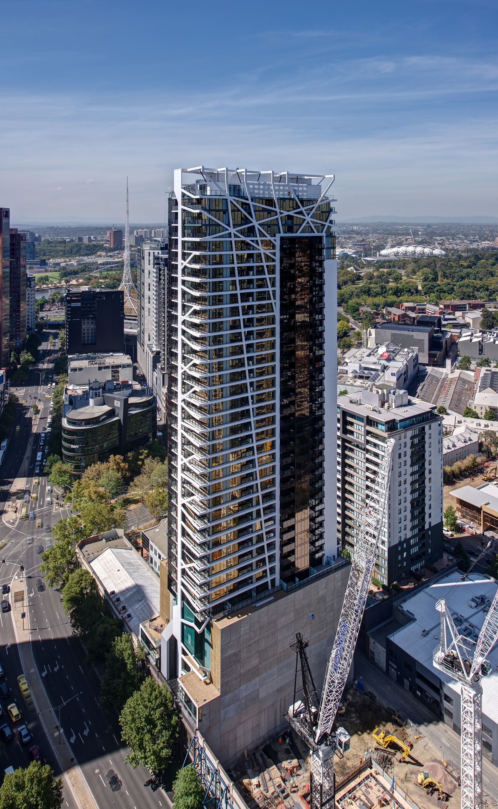 WRAP Residences, Southbank — aerial view of the lattice-framed tower
