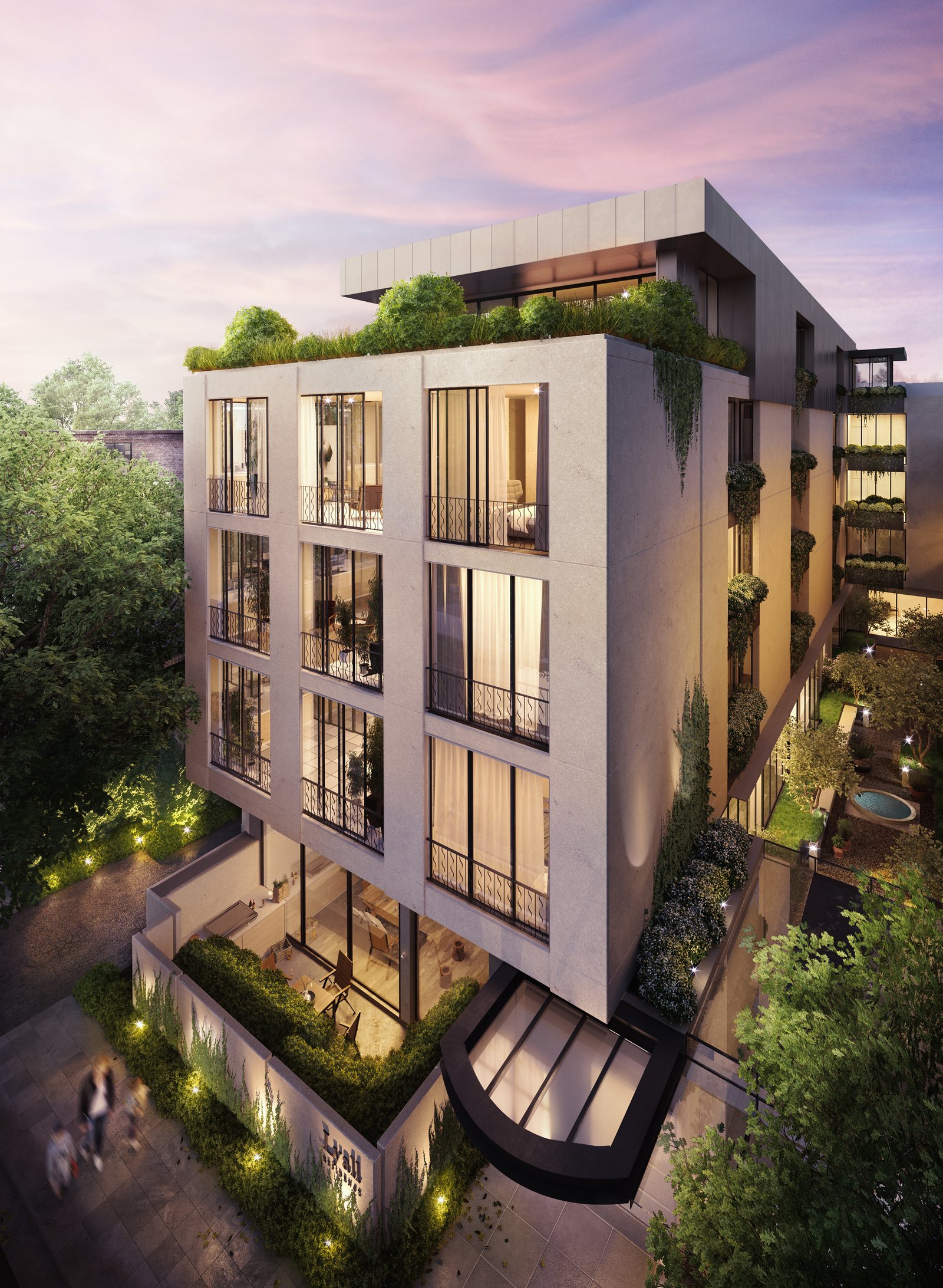 The Lyall Residences, South Yarra, VIC — the building at dusk