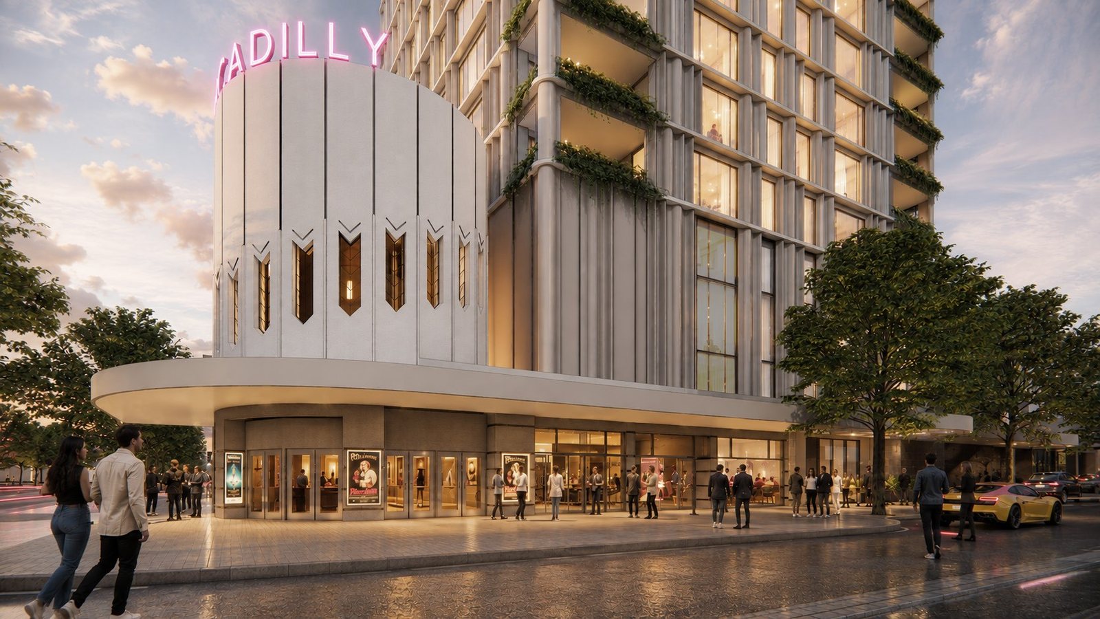 Piccadilly Residences, North Adelaide, SA — the building and signage at dusk